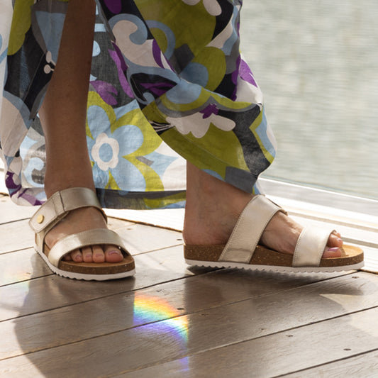 Lifestyle image for Branch Slide Sandal - Soft Gold